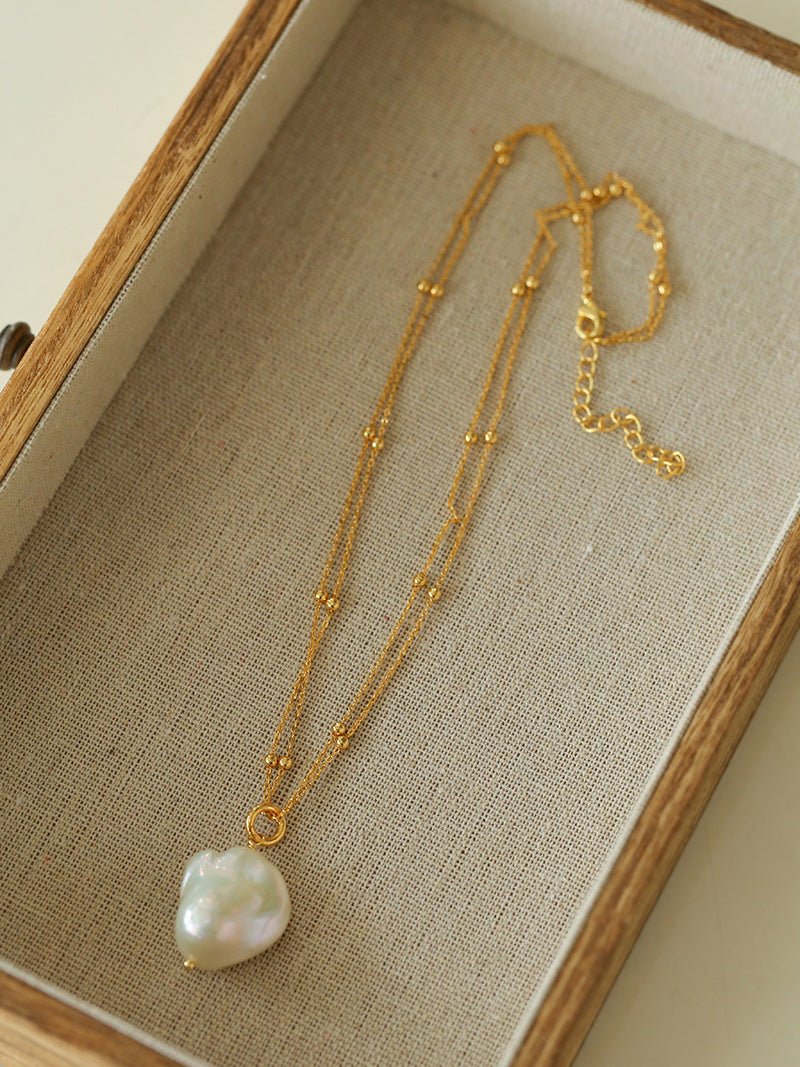 Double - Layer Chain Single Baroque Pearl Pendant Necklace - floysun