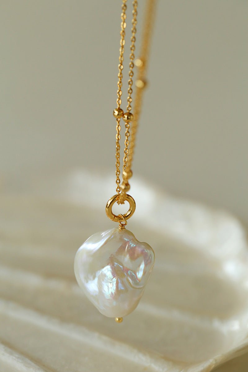 Double - Layer Chain Single Baroque Pearl Pendant Necklace - floysun