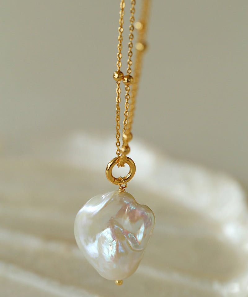 Double - Layer Chain Single Baroque Pearl Pendant Necklace - floysun