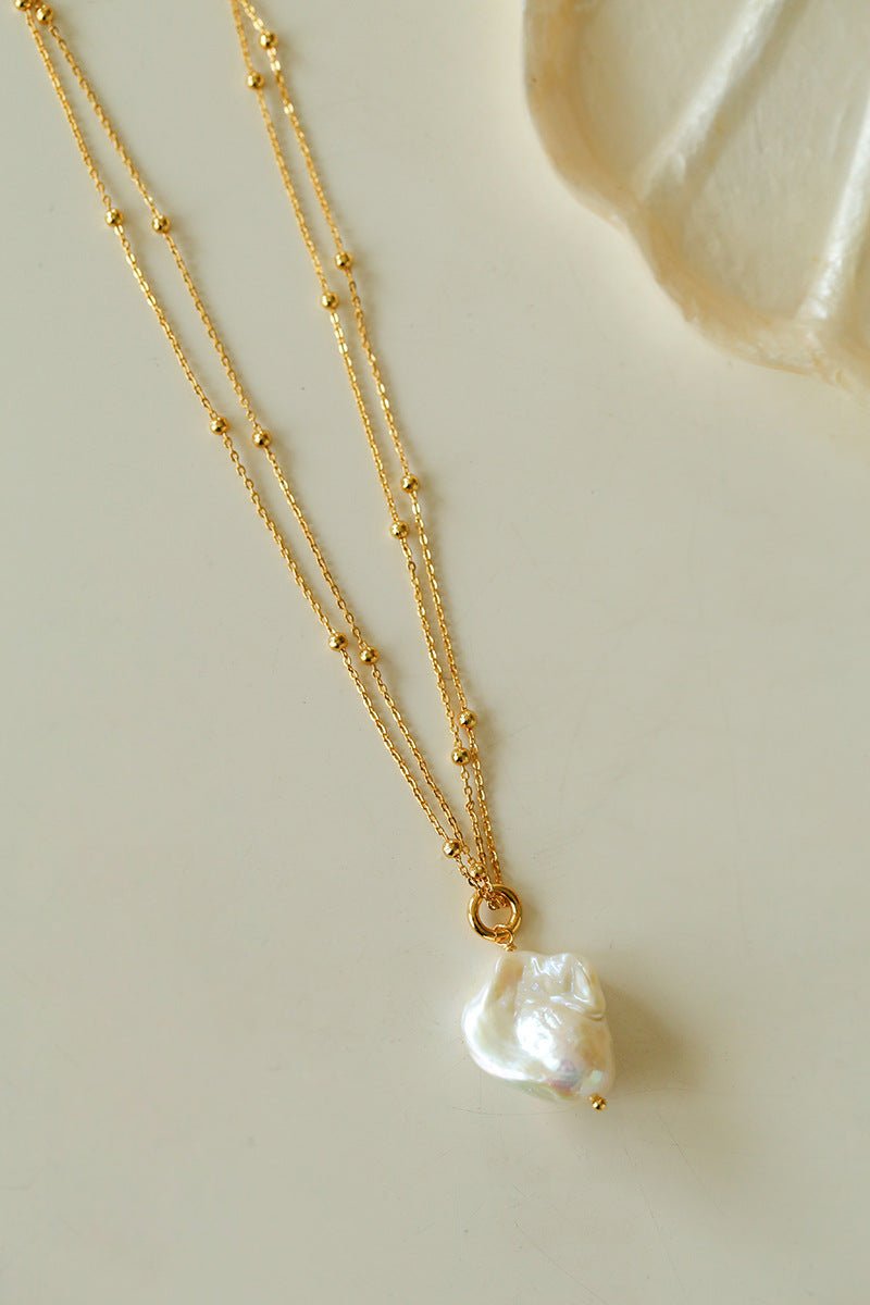 Double - Layer Chain Single Baroque Pearl Pendant Necklace - floysun