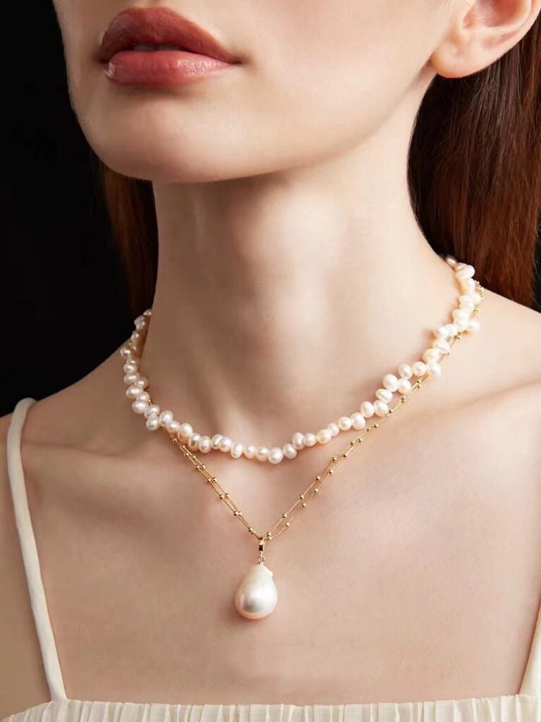 Double - Layer Chain Single Baroque Pearl Pendant Necklace - floysun