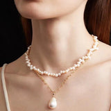 Double - Layer Chain Single Baroque Pearl Pendant Necklace - floysun