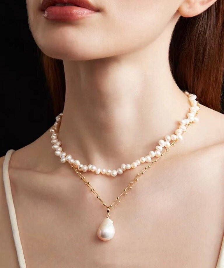 Double - Layer Chain Single Baroque Pearl Pendant Necklace - floysun