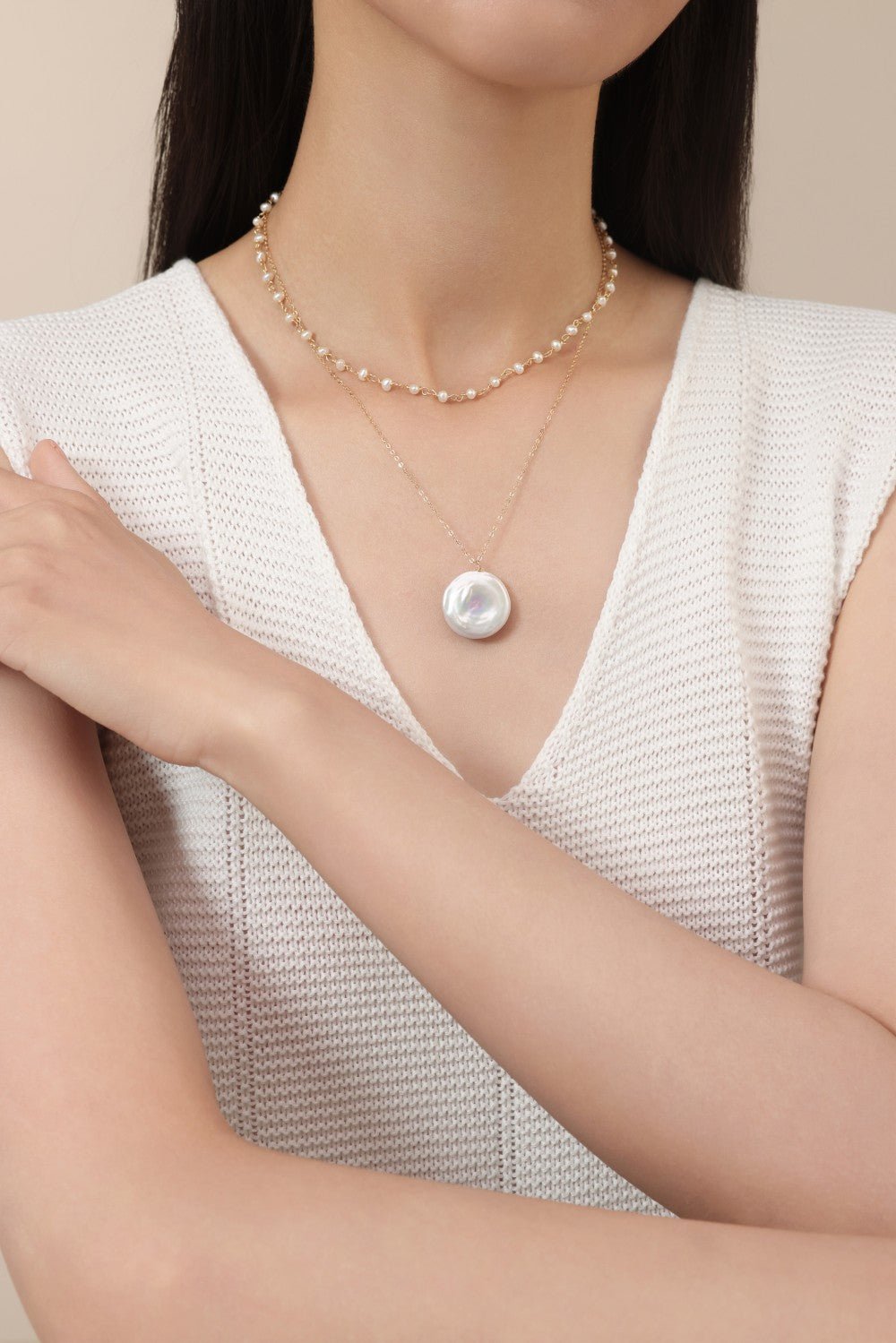 Double - Layer Coin Baroque Pearl Pendant Necklace Removable - floysun