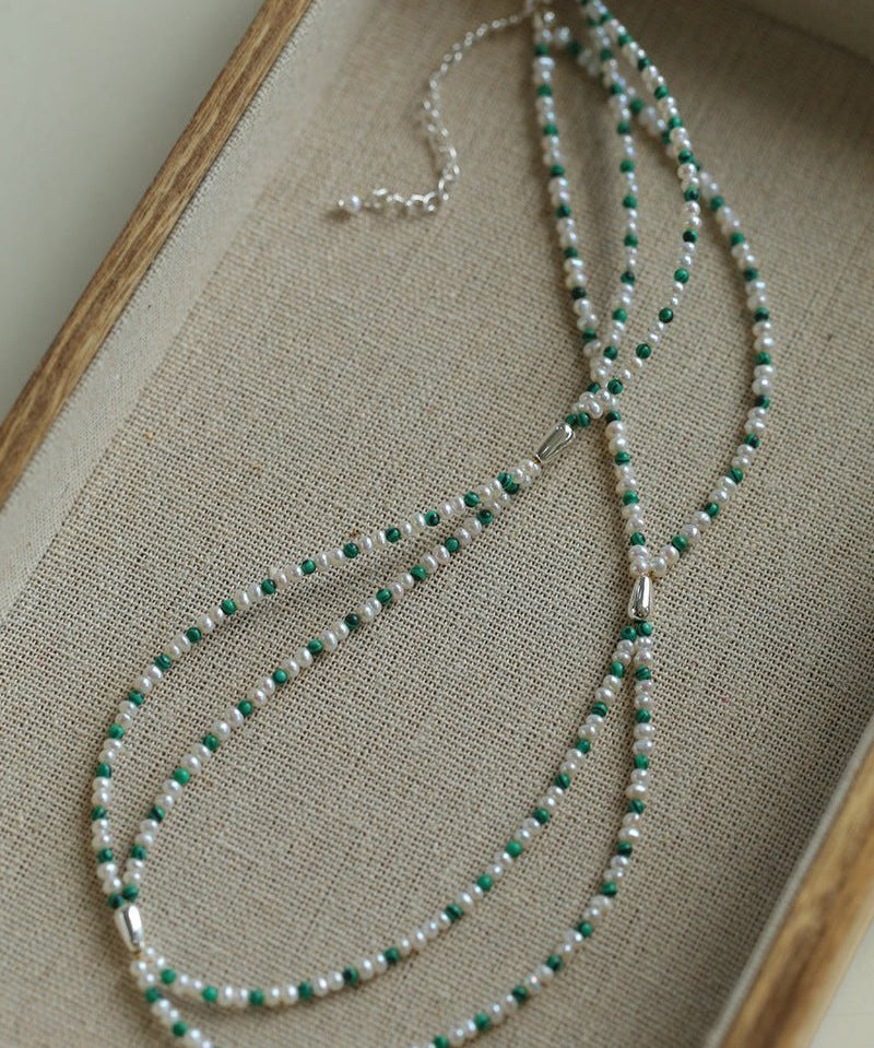 Double - Layer Necklace with Millet Pearls and Gemstone Beads - floysun