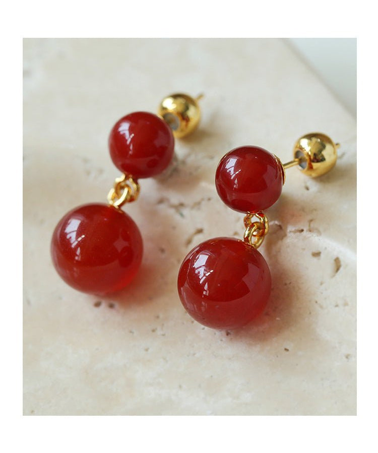 Double Natural Stone Ball Earrings - floysun