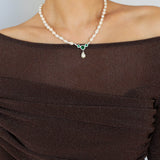 Drop Baroque Pearl Emerald Pendant Necklace - floysun