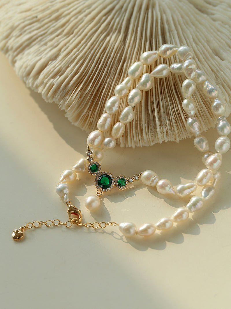 Drop Baroque Pearl Emerald Pendant Necklace - floysun