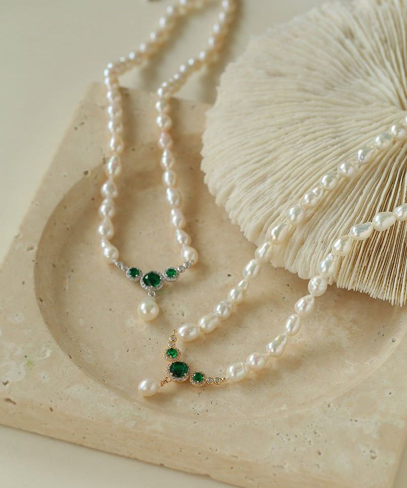 Drop Baroque Pearl Emerald Pendant Necklace - floysun