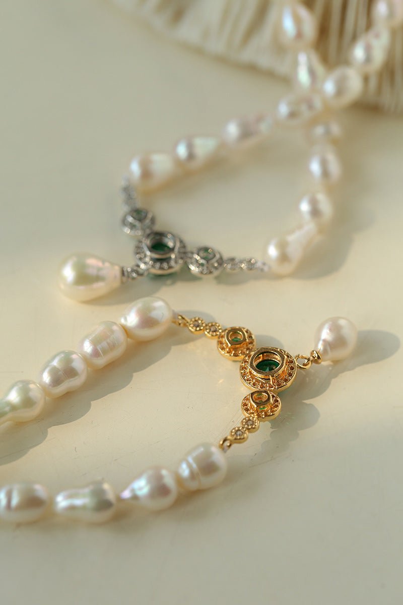 Drop Baroque Pearl Emerald Pendant Necklace - floysun