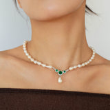 Drop Baroque Pearl Emerald Pendant Necklace - floysun