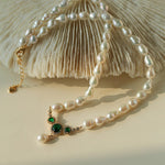 Drop Baroque Pearl Emerald Pendant Necklace - floysun