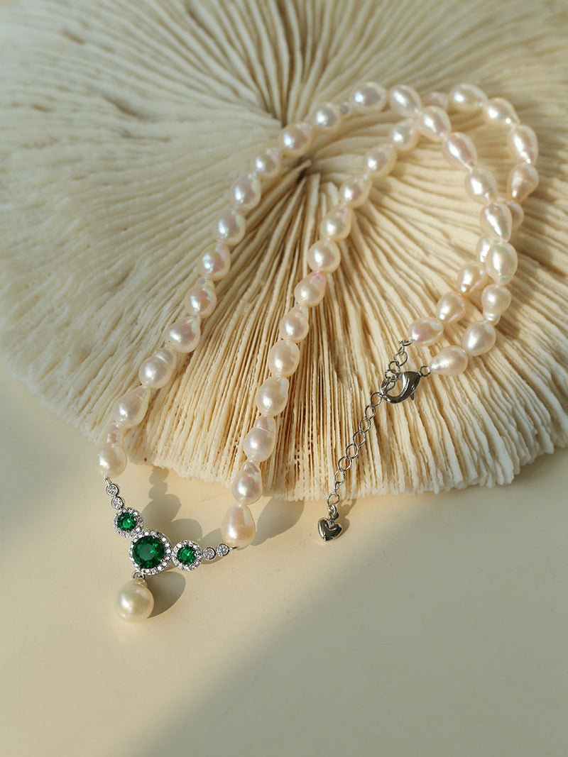 Drop Baroque Pearl Emerald Pendant Necklace - floysun