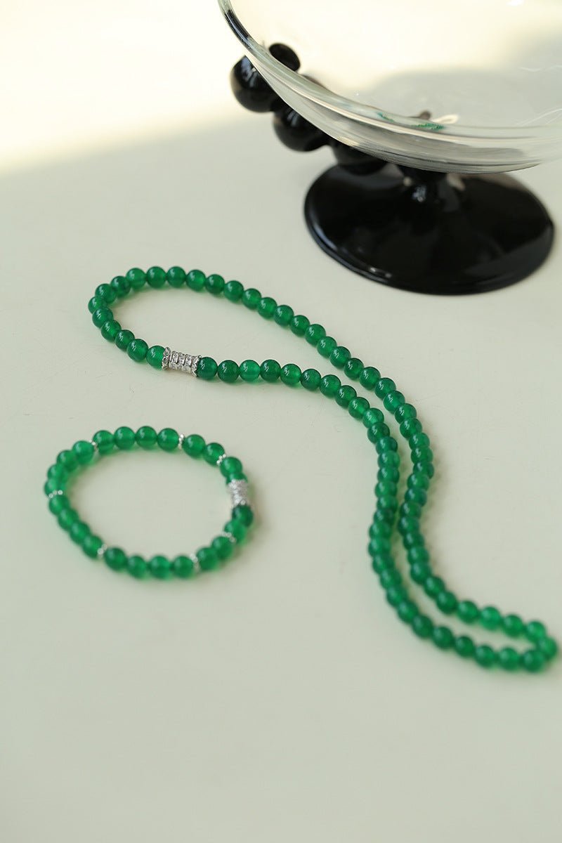 Elastic Bracelet with Zirconia and Green Onyx Beads - floysun