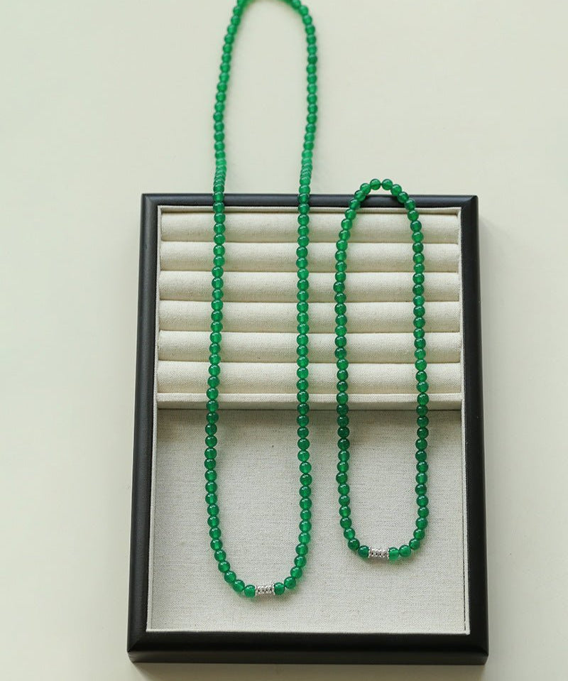 Elastic Necklace with Zirconia and Green Agate Beads - floysun