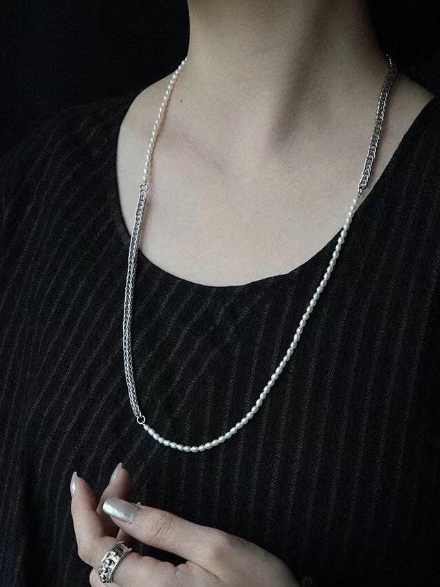 Elegant Long Chunky Chain Splicing Pearl Necklace - Pearl - floysun