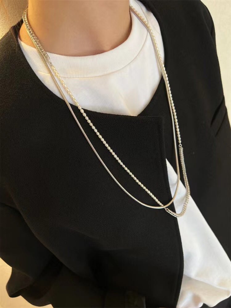 Elegant Long Chunky Chain Splicing Pearl Necklace - Pearl - floysun