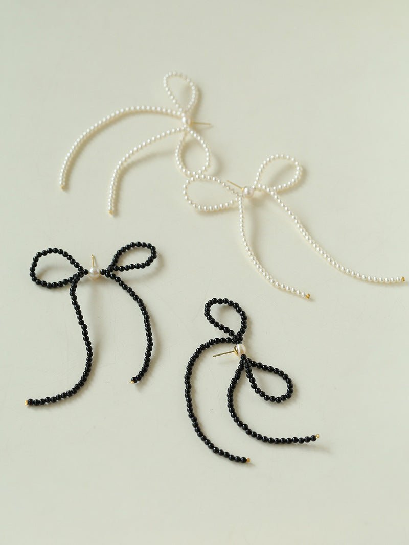 Elegant Woven Pearl Bow Long Earrings - floysun