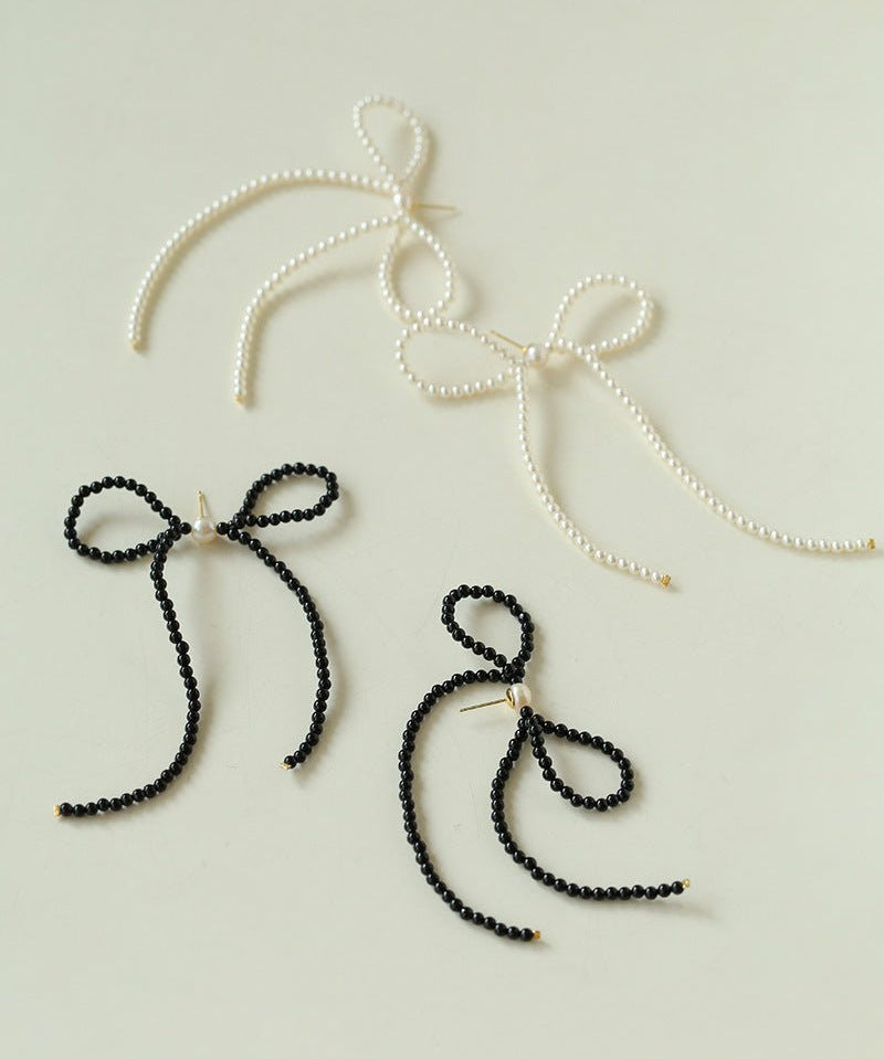 Elegant Woven Pearl Bow Long Earrings - floysun