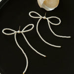 Elegant Woven Pearl Bow Long Earrings - floysun