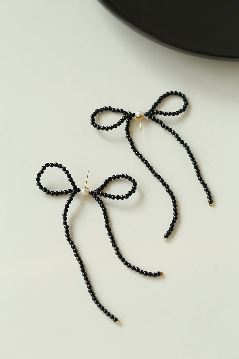 Elegant Woven Pearl Bow Long Earrings - floysun