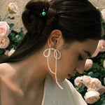 Elegant Woven Pearl Bow Long Earrings - floysun