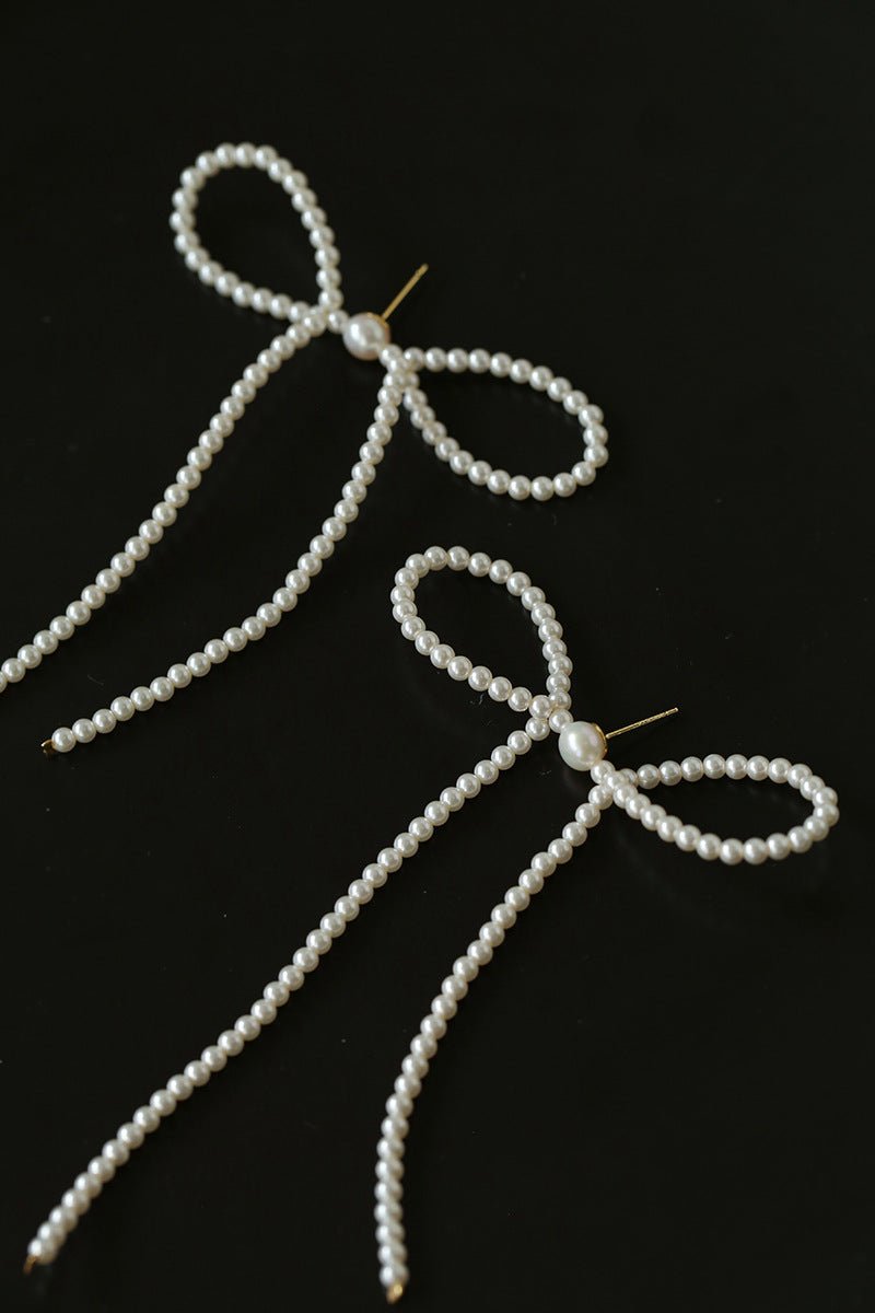 Elegant Woven Pearl Bow Long Earrings - floysun