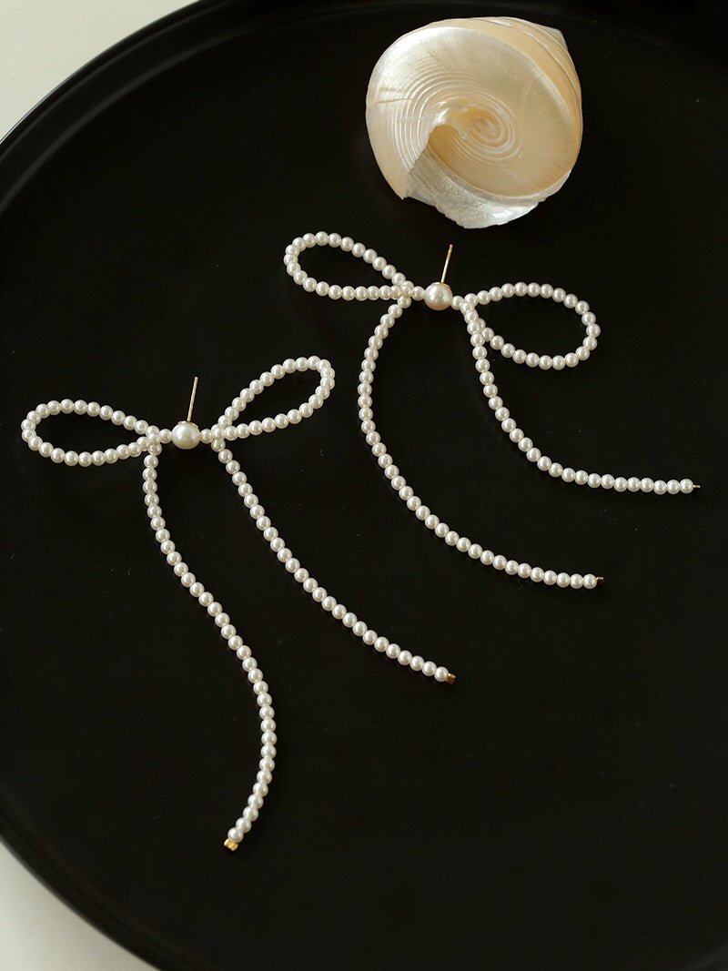 Elegant Woven Pearl Bow Long Earrings - floysun