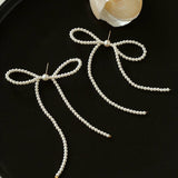 Elegant Woven Pearl Bow Long Earrings - floysun