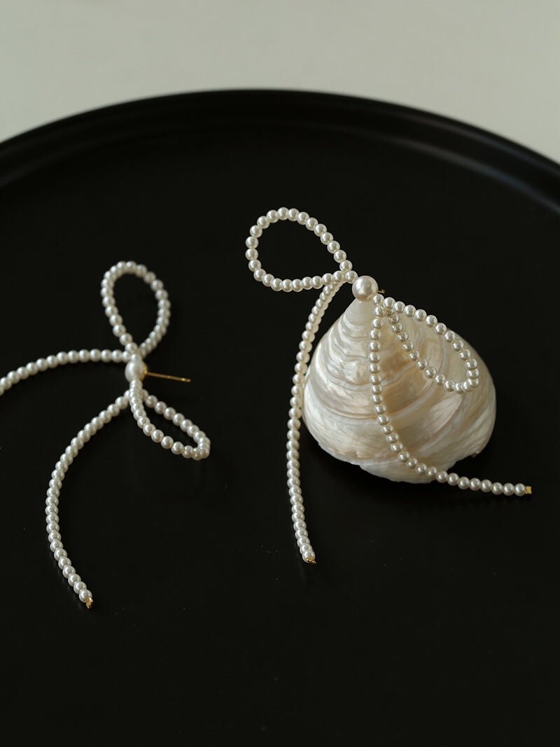 Elegant Woven Pearl Bow Long Earrings - floysun