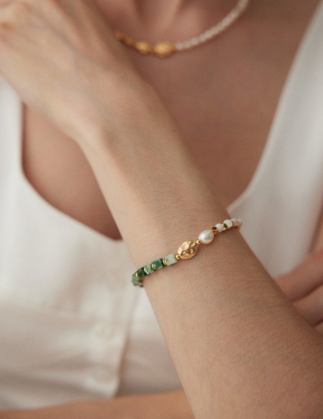 Emerald Green Gemstone and Pearl Bracelet - floysun