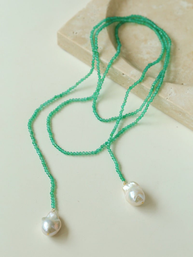 Extra - Long Green Agates Double Baroque Pearl Necklaces - floysun