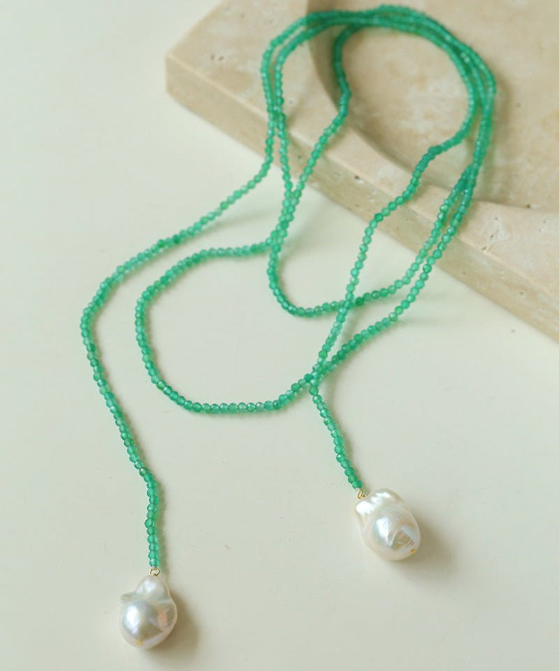 Extra - Long Green Agates Double Baroque Pearl Necklaces - floysun