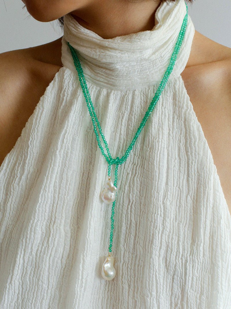 Extra - Long Green Agates Double Baroque Pearl Necklaces - floysun