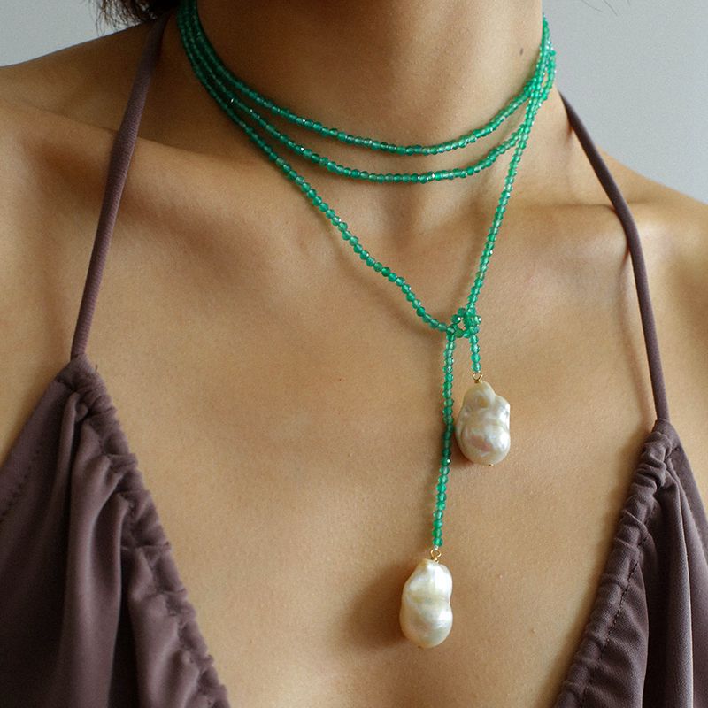 Extra - Long Green Agates Double Baroque Pearl Necklaces - floysun