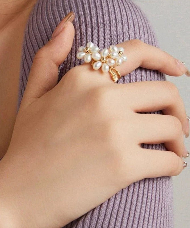 Falling Petals Series Pearl Daffodil Blossom Open Ring - floysun