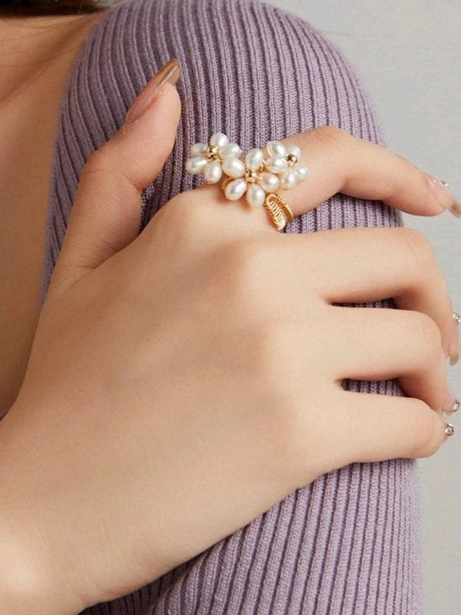 Falling Petals Series Pearl Daffodil Blossom Open Ring - floysun