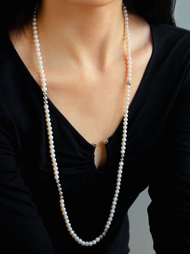 Fashion Freshwater Pearl Long Silver Necklace - floysun