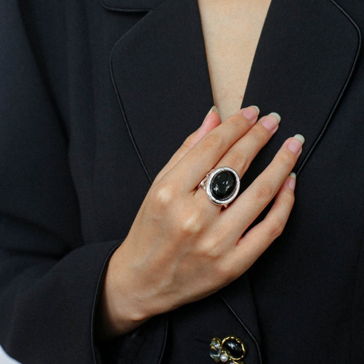 Fashion Oval Black Agate Open Ring - floysun