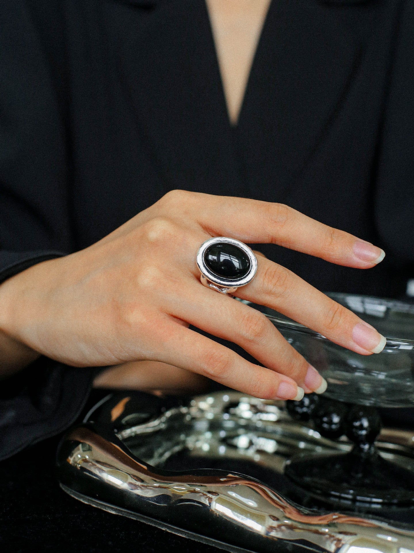 Fashion Oval Black Agate Open Ring - floysun