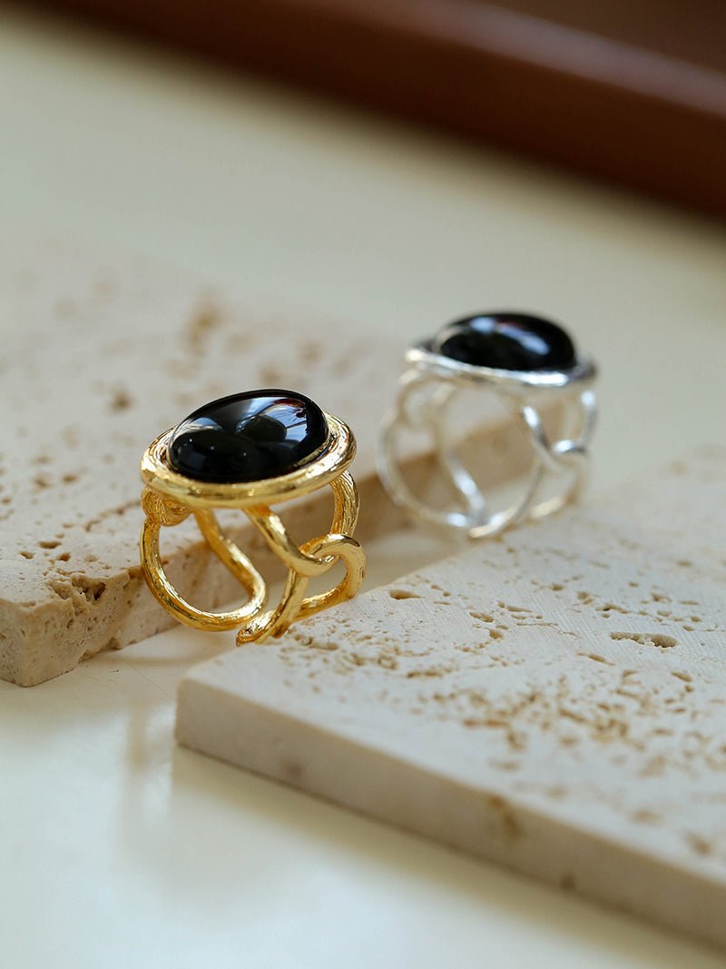 Fashion Oval Black Agate Open Ring - floysun