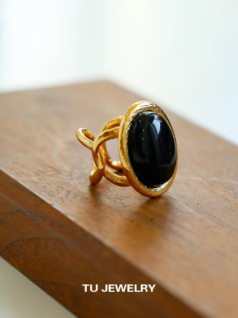 Fashion Oval Black Agate Open Ring - floysun