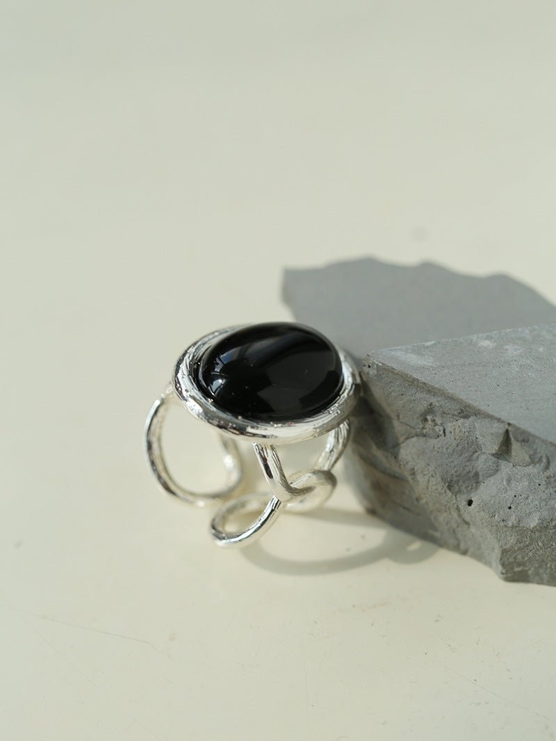 Fashion Oval Black Agate Open Ring - floysun