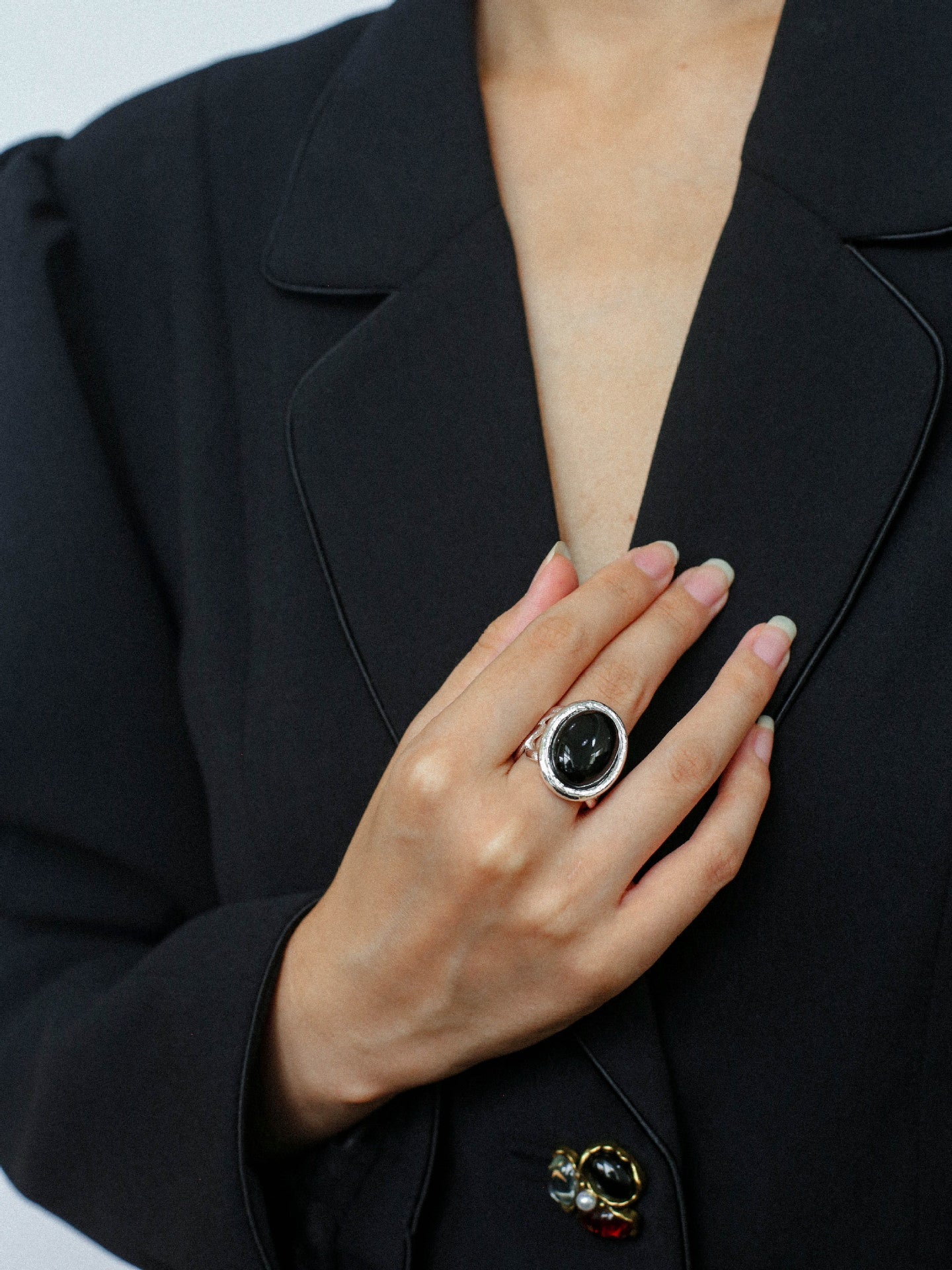 Fashion Oval Black Agate Open Ring - floysun