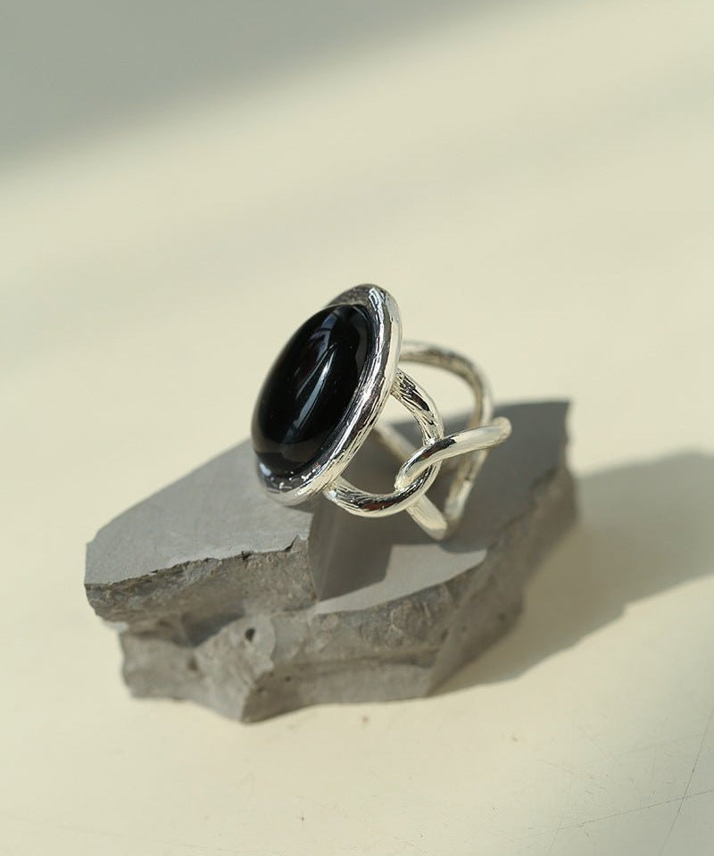 Fashion Oval Black Agate Open Ring - floysun