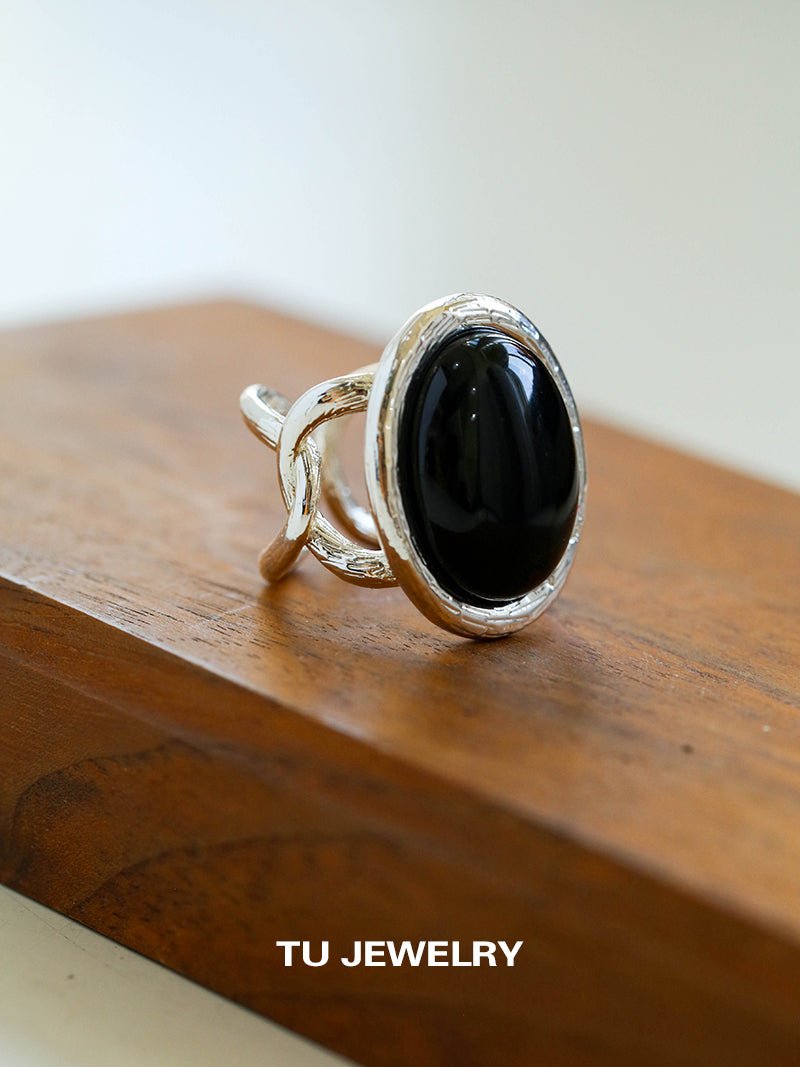 Fashion Oval Black Agate Open Ring - floysun