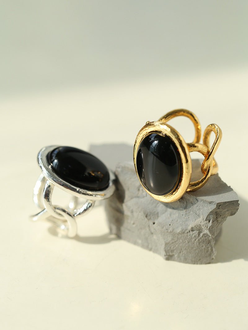 Fashion Oval Black Agate Open Ring - floysun