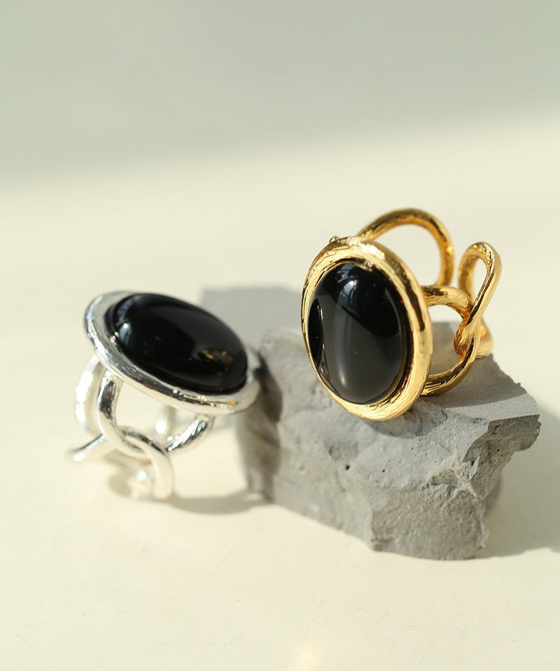 Fashion Oval Black Agate Open Ring - floysun