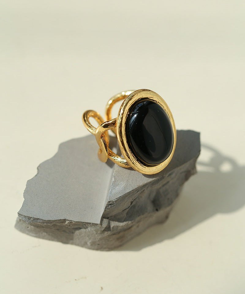 Fashion Oval Black Agate Open Ring - floysun