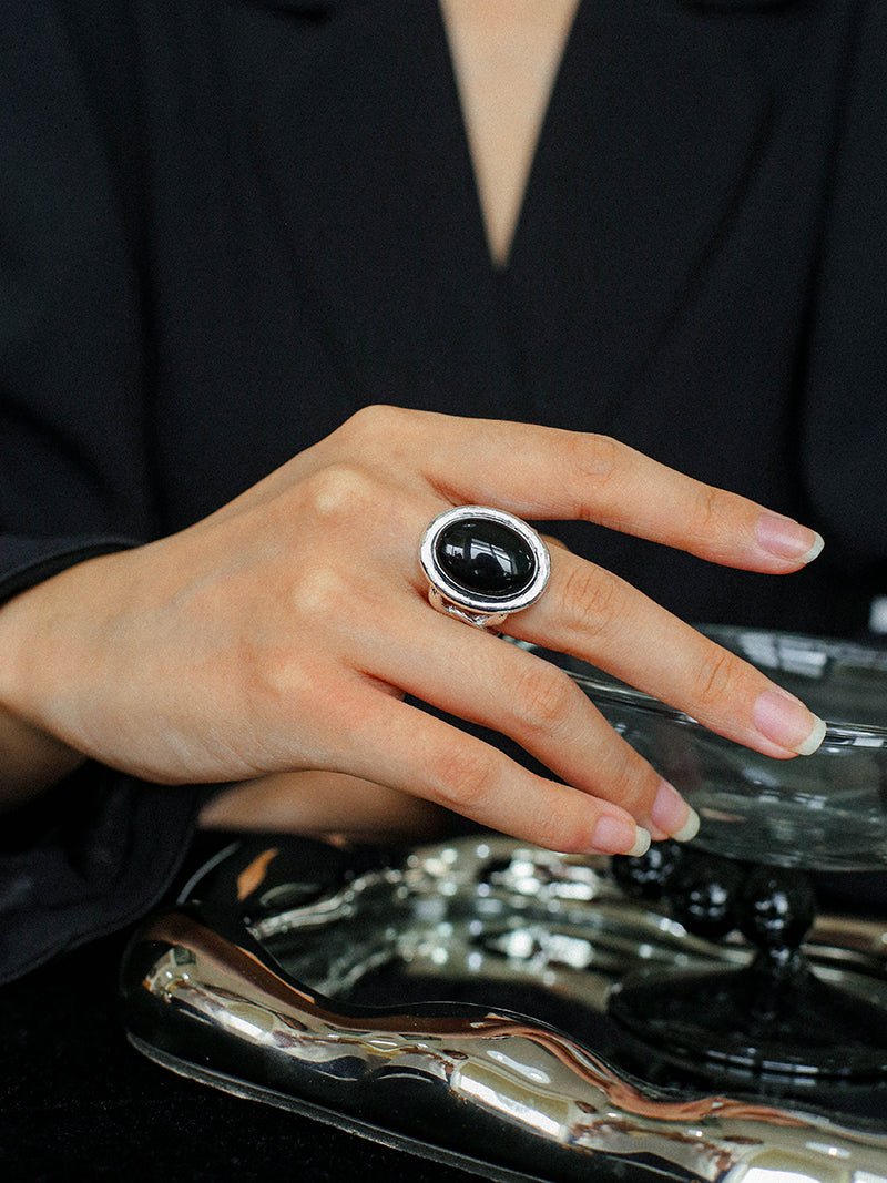 Fashion Oval Black Agate Open Ring - floysun